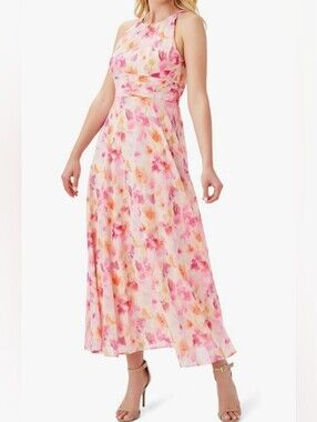 Adrianna Papell Women's Pink Multi Water-Color Floral Print Maxi Dress. Size 18